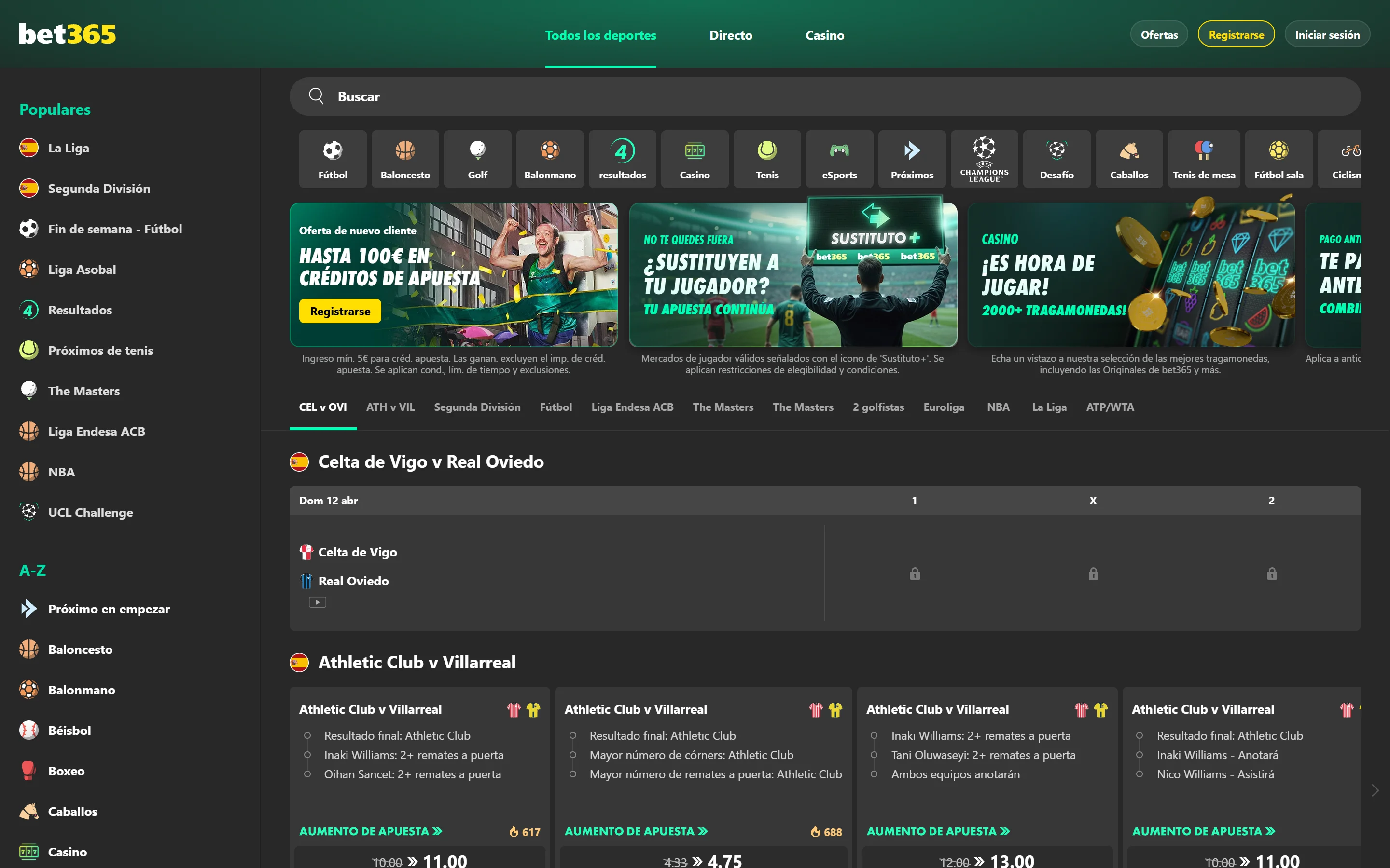 Pantalla real de bet365.es: página principal de apuestas deportivas con La Liga, promociones y partidos en directo