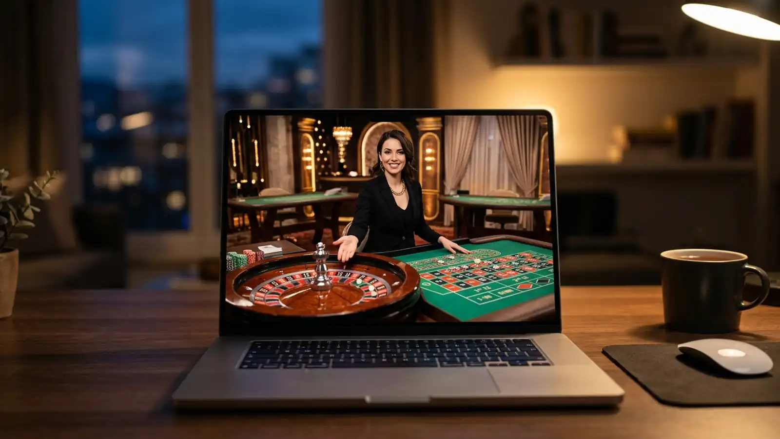 Estudio de casino en vivo con crupier real, mesa de blackjack y cámaras de alta definición