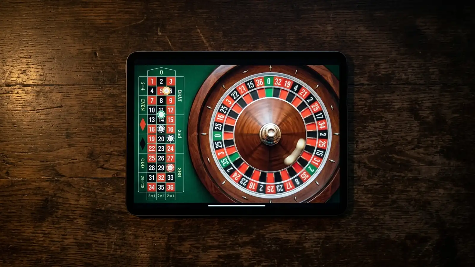 Mesa de ruleta con cilindro, bola blanca y tapete de apuestas en un casino online