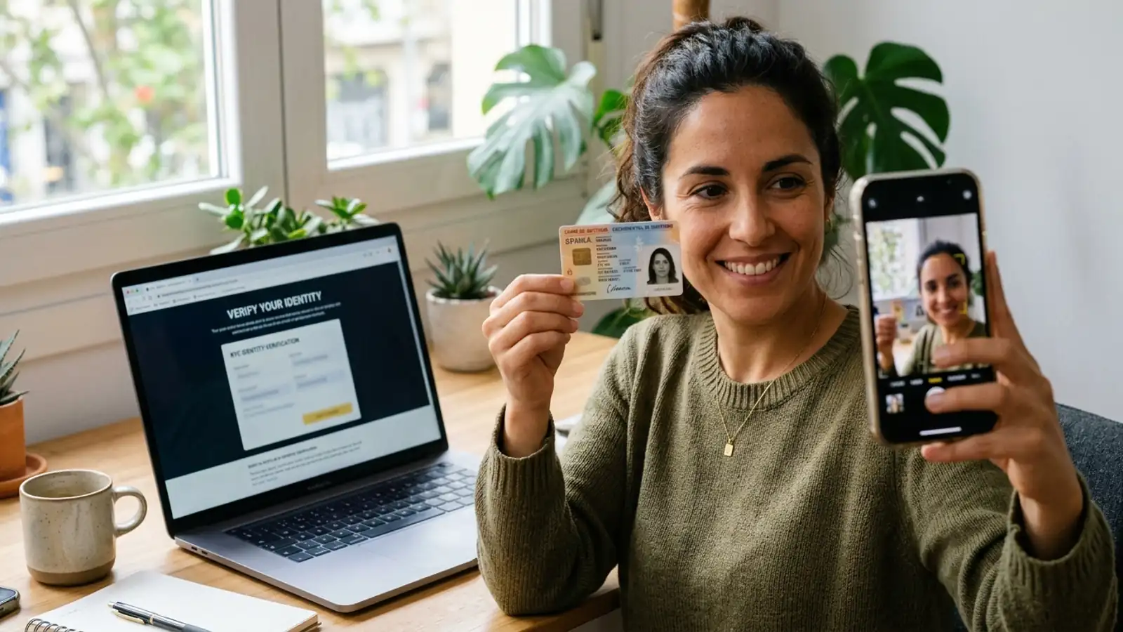 Persona fotografiando su DNI junto a una factura reciente para subirlo al proceso KYC de bet365