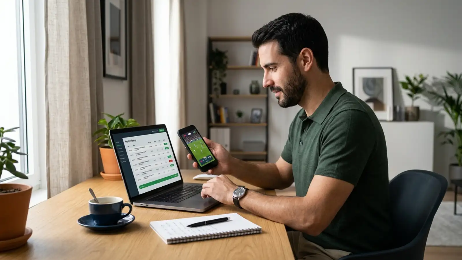 Mesa con cuaderno de registros de apuestas, portátil con una hoja de cálculo y recibos organizados
