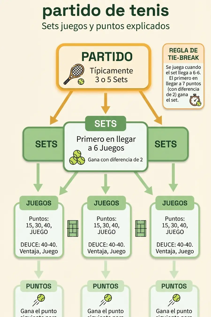 Infografía: estructura de un partido de tenis — sets, juegos y puntos