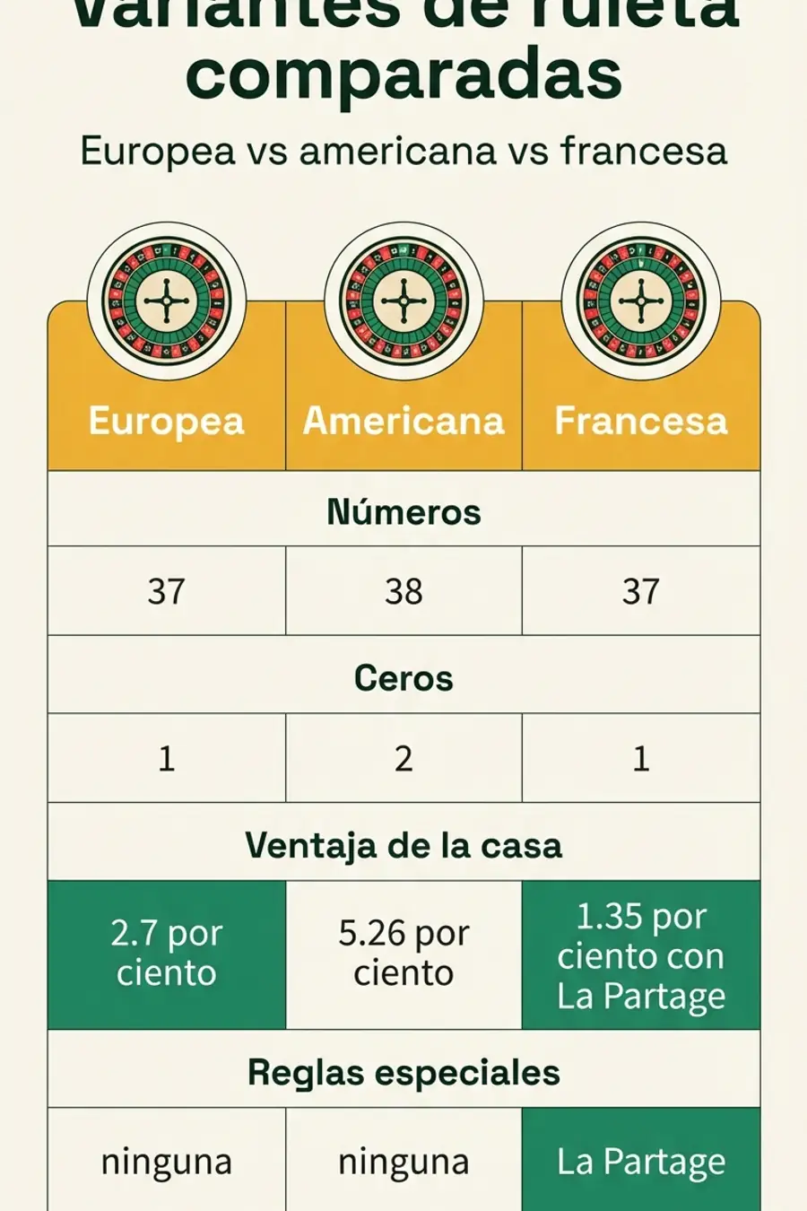 Infografía: variantes de ruleta comparadas — europea, americana y francesa