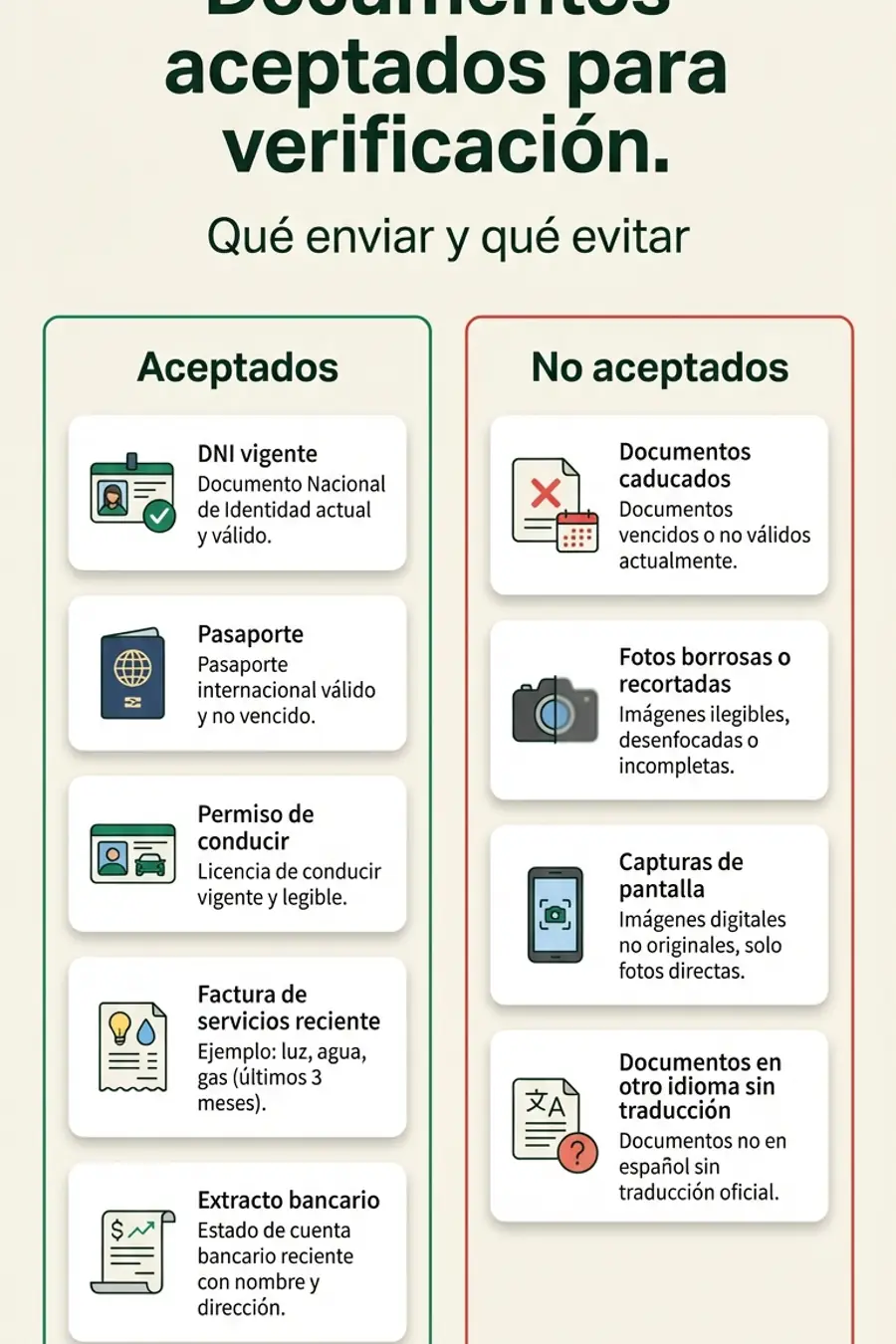Infografía: documentos aceptados vs rechazados para verificación