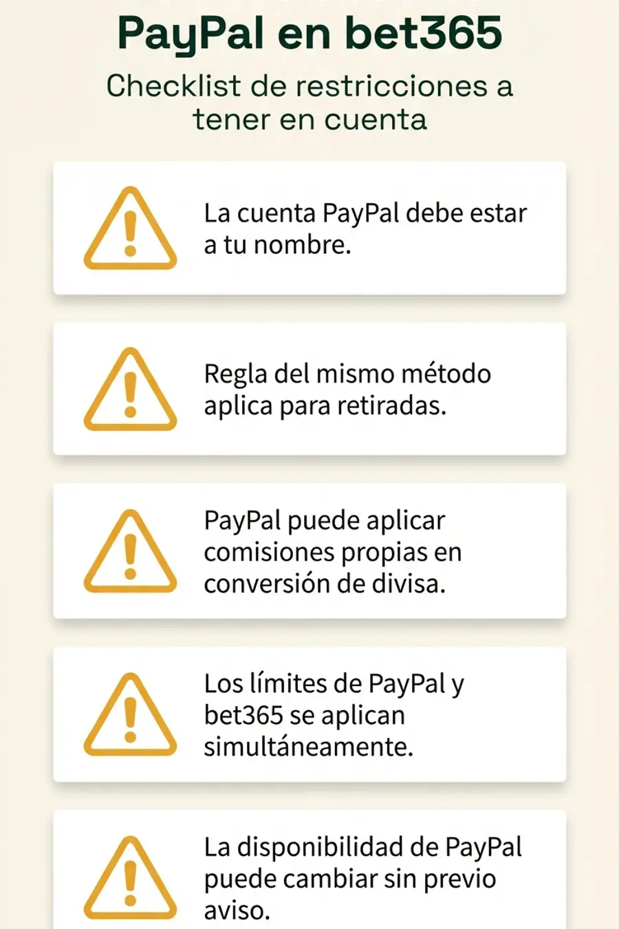 Infografía: limitaciones de PayPal en bet365